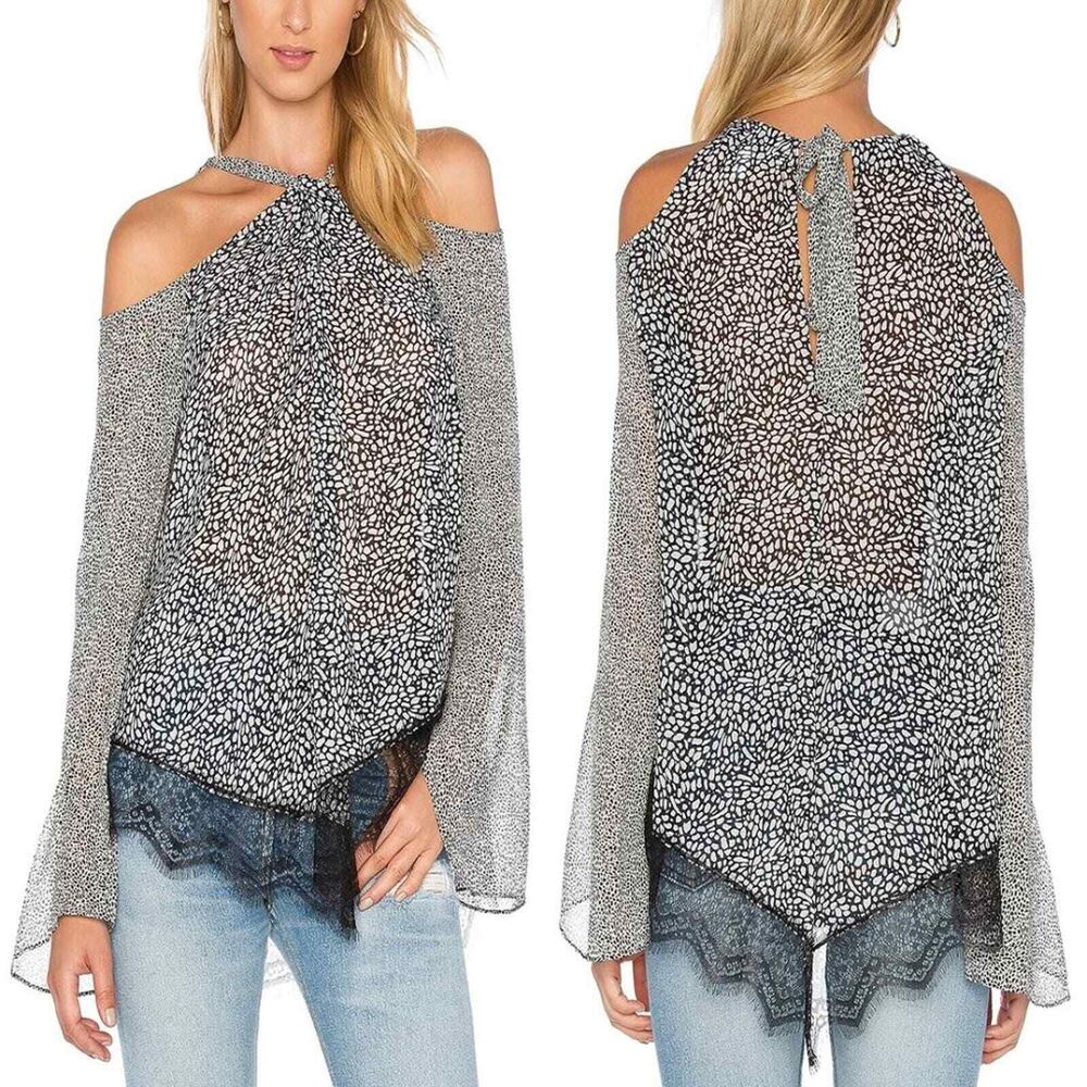 10 Crosby Derek Lam Animal Print Halter Top Blouse 0 Cold Shoulder Semi Sheer